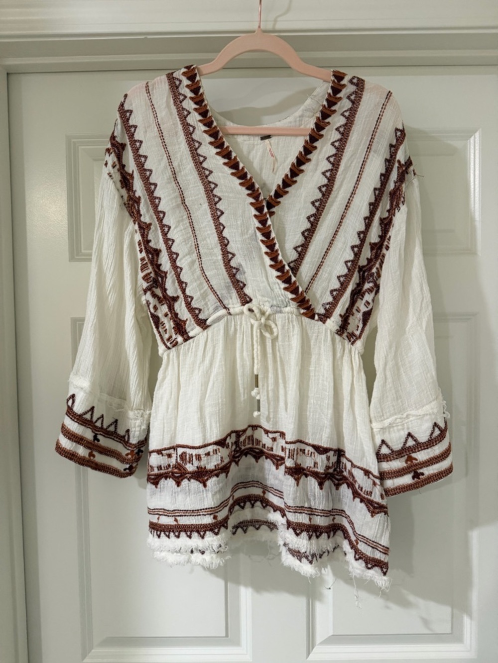 Free People White Gauze Peasant Tunic with Brown Embroidery